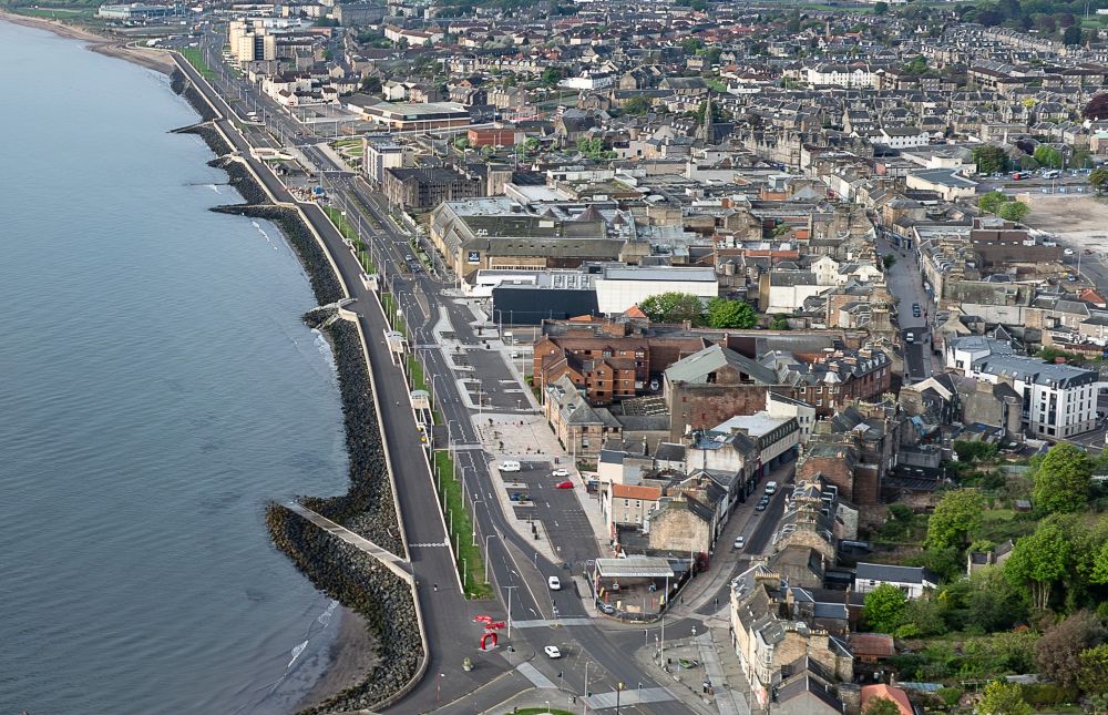 Aerial view of Kirkcaldy waterfront and high street