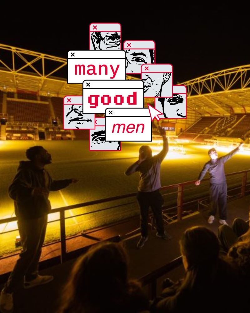 Three young men performing in a theater production in a football stadium  - Theatre production of Many Good Men comes to East End Park 