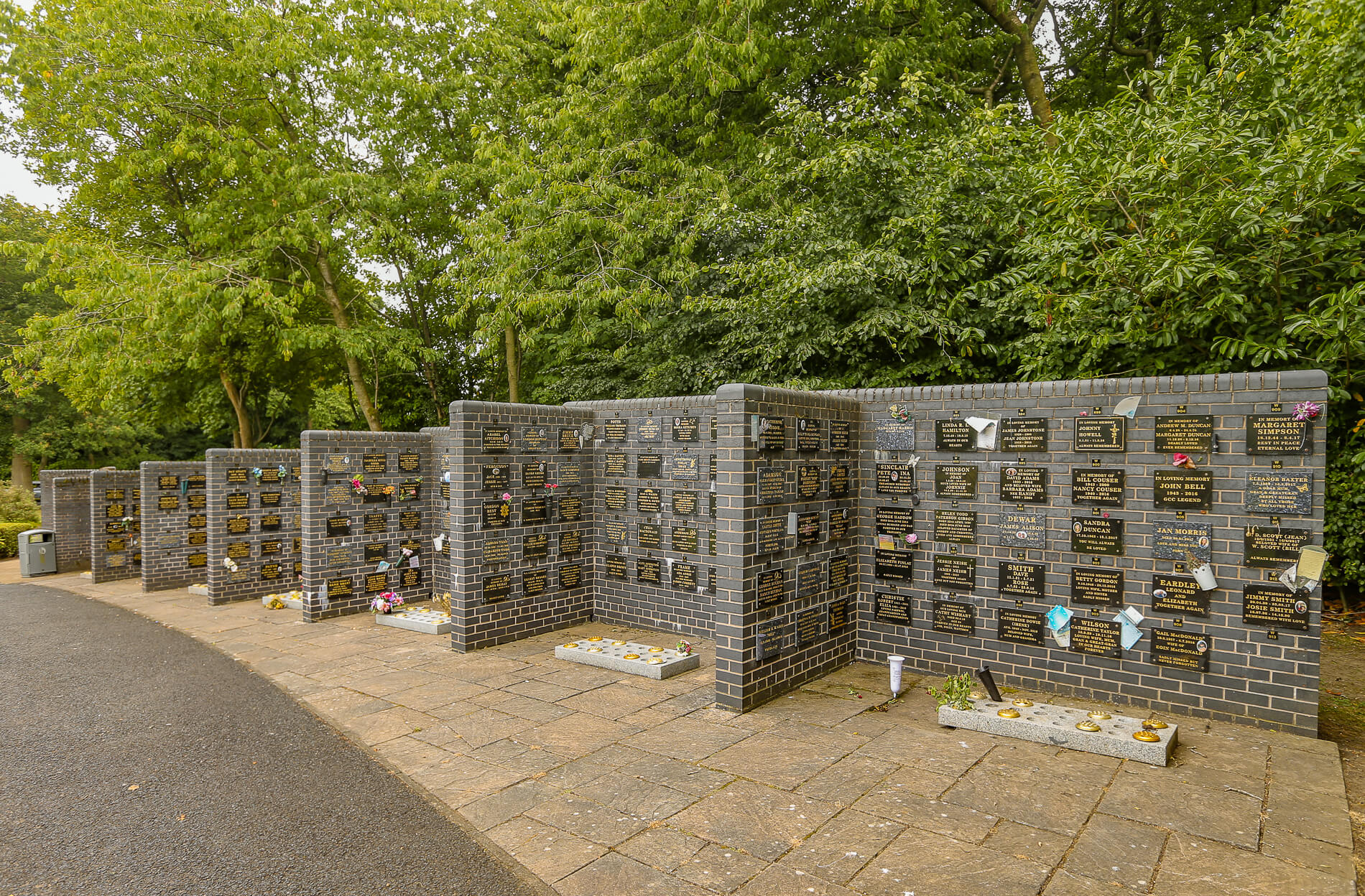 Memorial plaques on the Kirkcaldy Crematorium Wall of Remembrance.