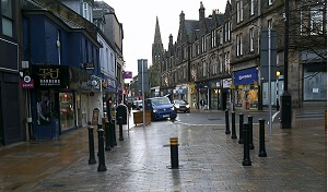 Street view of the new bollards at the west end of Kirkcaldy High Street