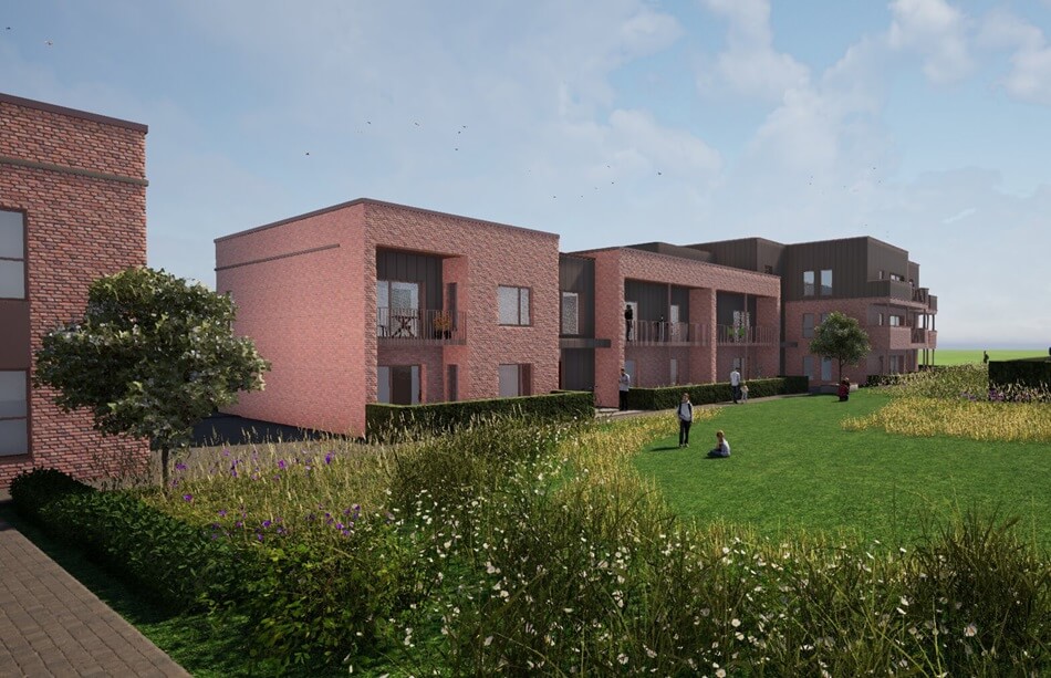 Artists impression of red brick flats with grassy area to the front.