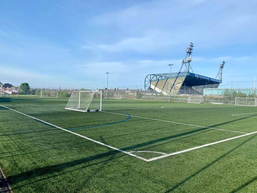 A view of astro pitch showing goals.