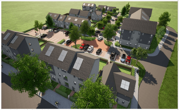 Aerial view of white and grey houses with dark grey roofs, set in a cul-de-sac, with trees and gardens