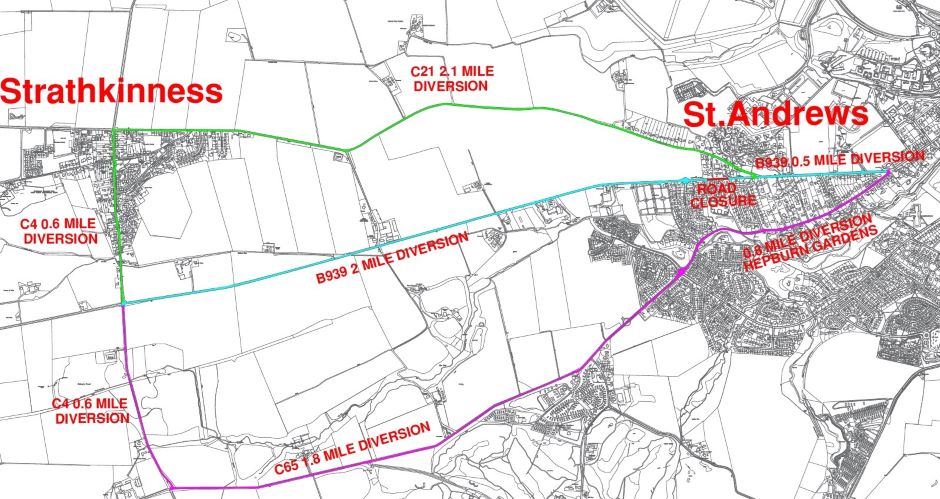 Strathkinness Low Road, St Andrews diversion routes via Strathkinness High Road or Hepburn Gardens
