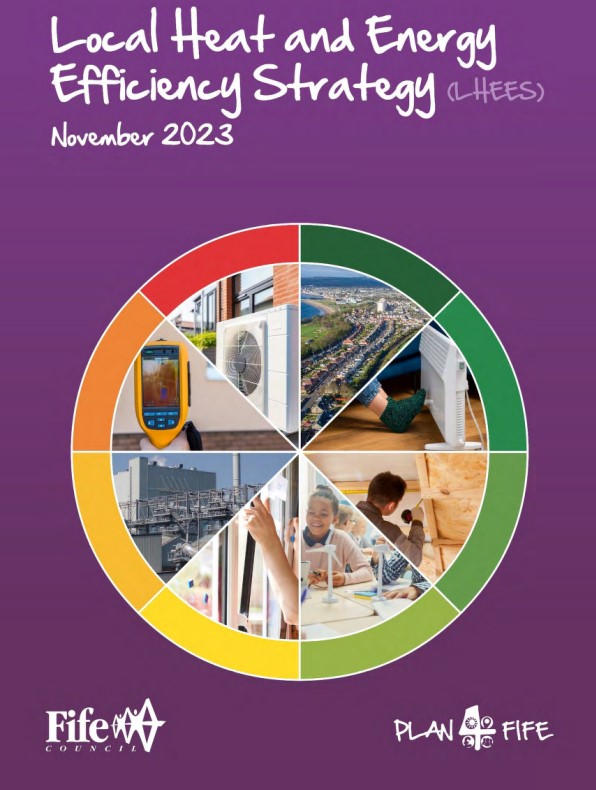 Cover image for Fife Council's "Local Heat and Energy Efficiency Strategy" featuring a circular collage of energy-related images (thermal imaging, heat pumps, insulation, infrastructure, and community actions) on a purple background