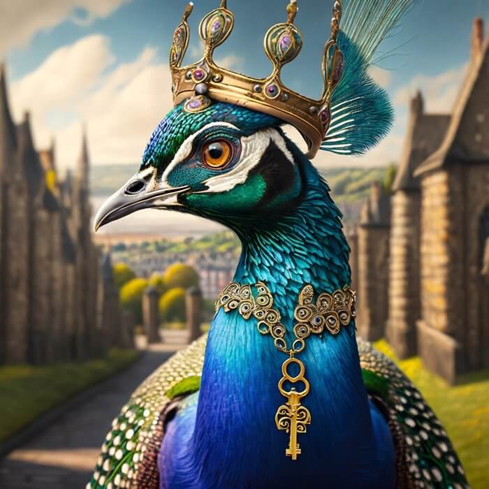 A peacock wearing a crown and a large key on a chain around its neck