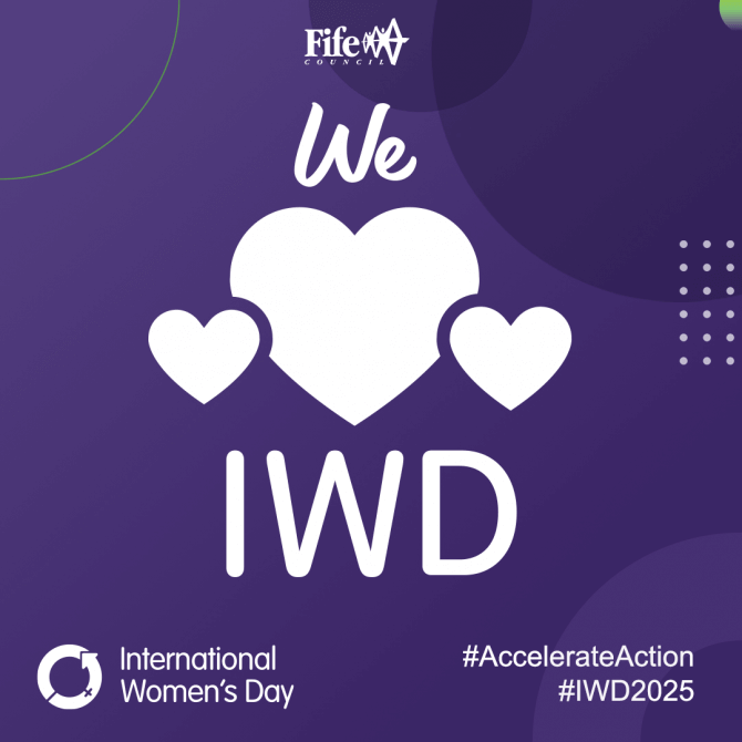 We love IWD, International Women's Day (love is depicted as a heart symbol).