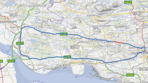 Diversion route via A907, A977, Toll Road, A985 & A994