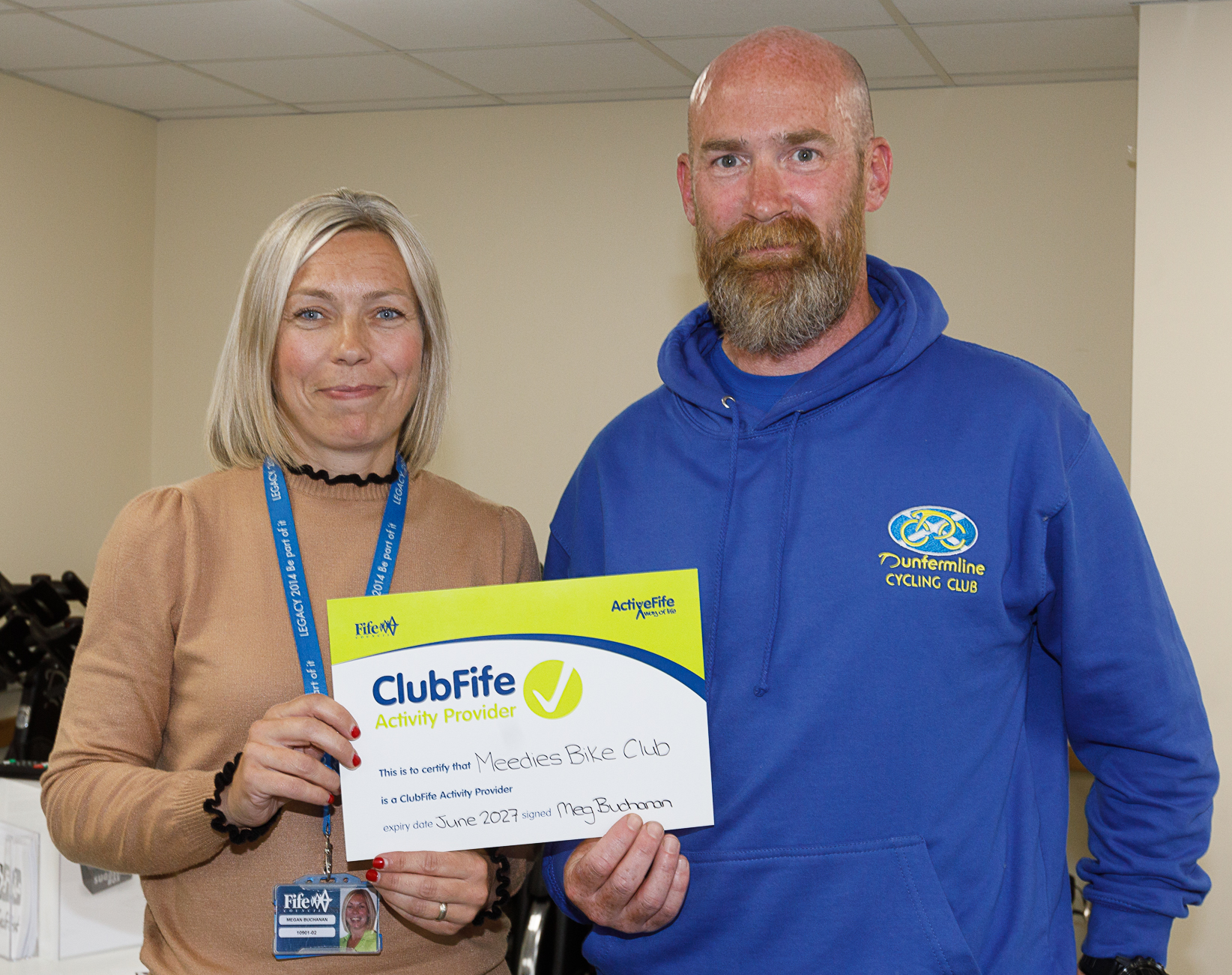 Megan Buchanan , Communities Fife Team presenting Mark Conlan,Development officer Meedies bike Club with their ClubFife Accreditation certificate