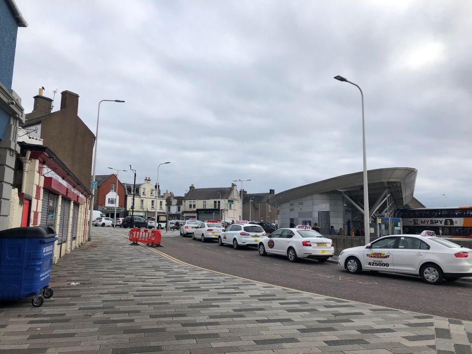 View of leven from behind the bus station, showing the taxi rank