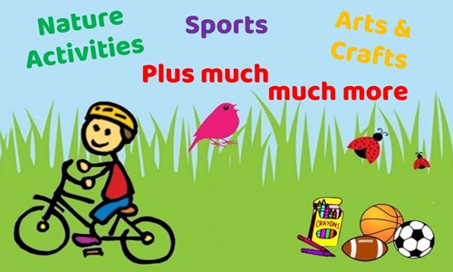 Cartoon image of a person with a red top, blue short, purple shoes and a yellow helmet on a bike. They're surrounded by a pink bird and red ladybirds. Close by there is an open packet of crayons aswell as a rugby, basket and fooball