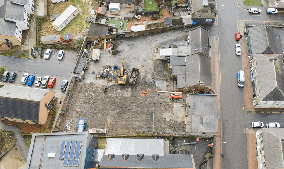 An aerial view of the former cinema building site now cleared of the dangerous building