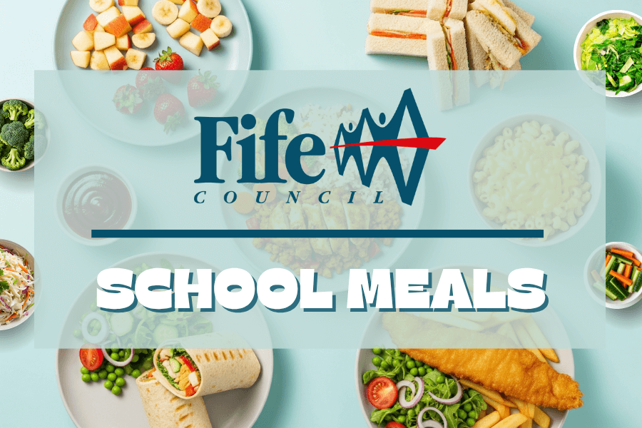 Promotional image for Fife Council School Meals showing assorted meals like sandwiches, salads, fruit skewers, and fish and chips, with 'Fife Council' and 'School Meals' text in the centere