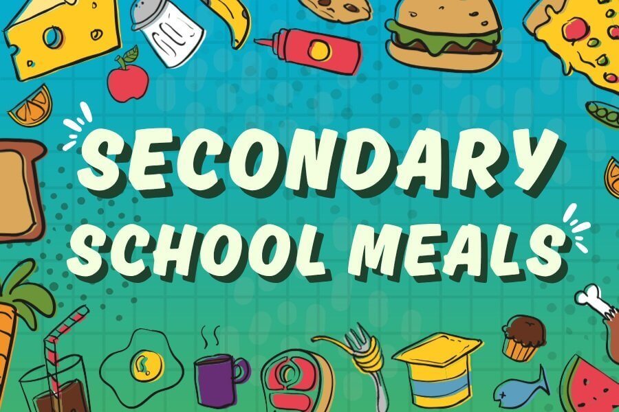 Various food items surrounding the text 'SECONDARY SCHOOL MEALS' on a blue background.