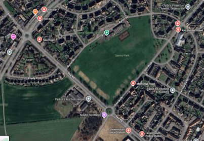 Google map showing location of Savoy Park Sports Pavilion