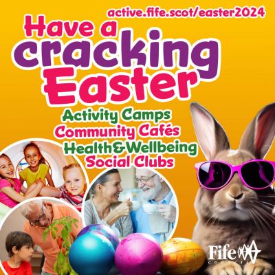 Photo of rabbit wearing pink sunglasses surrounded by Easter eggs and  images of children sitting in a play tunnel, a man and woman having a cup of tea and a man and boy looking at a plant